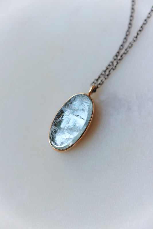 Jamie Joseph - Oval Surface Cut Aquamarine Necklace w/ diamond - 18"