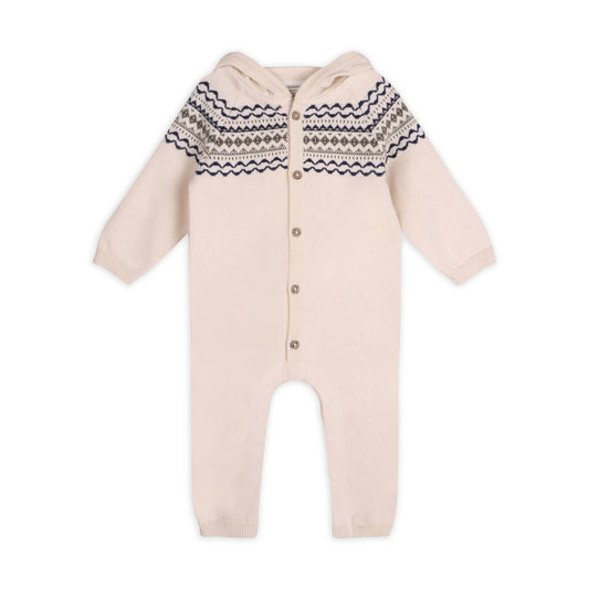 Fair Isle Jacquard Sweater Knit Baby Hooded Jumpsuit