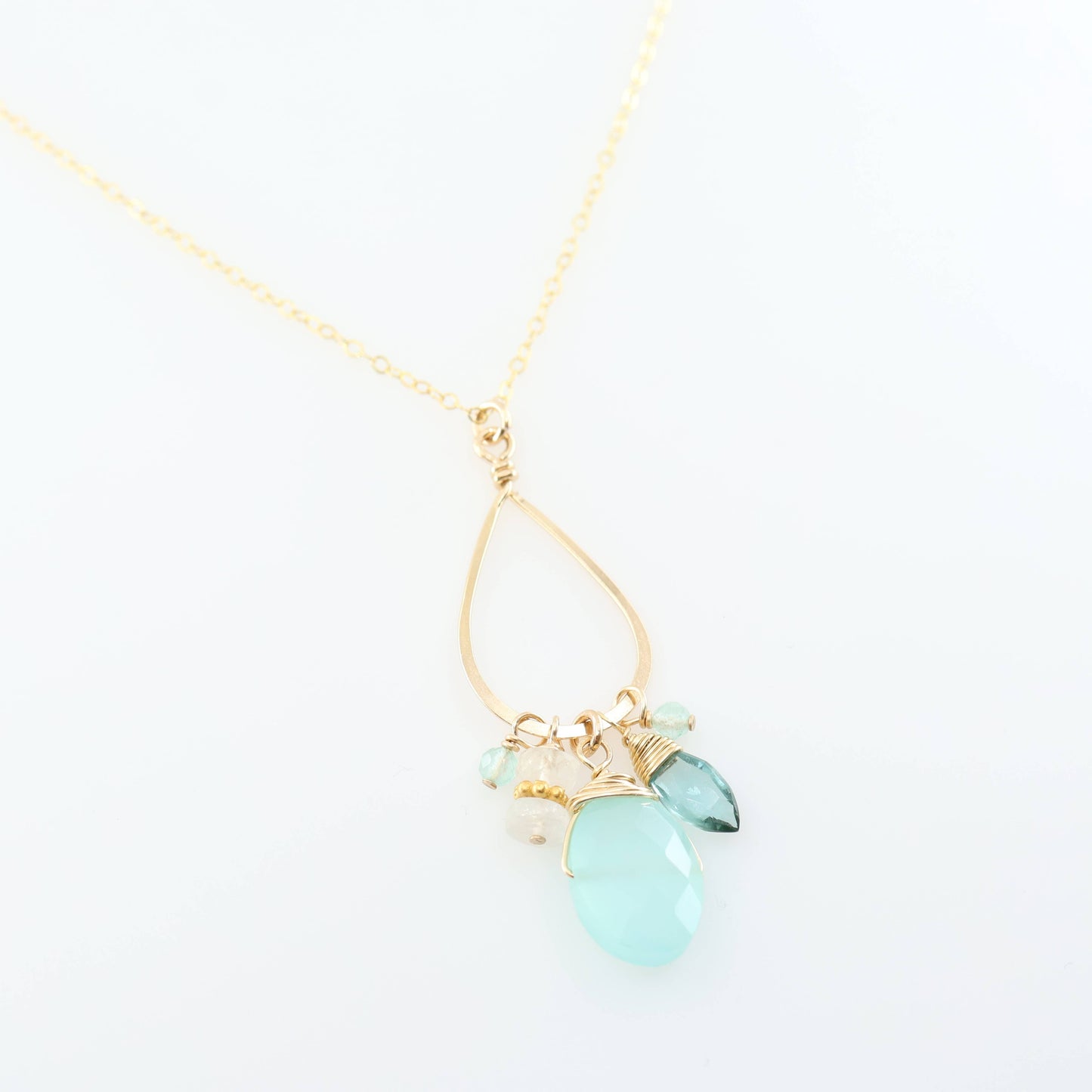 Long Teardrop, Aqua Chalcedony & Rainbow Moonstone Necklace