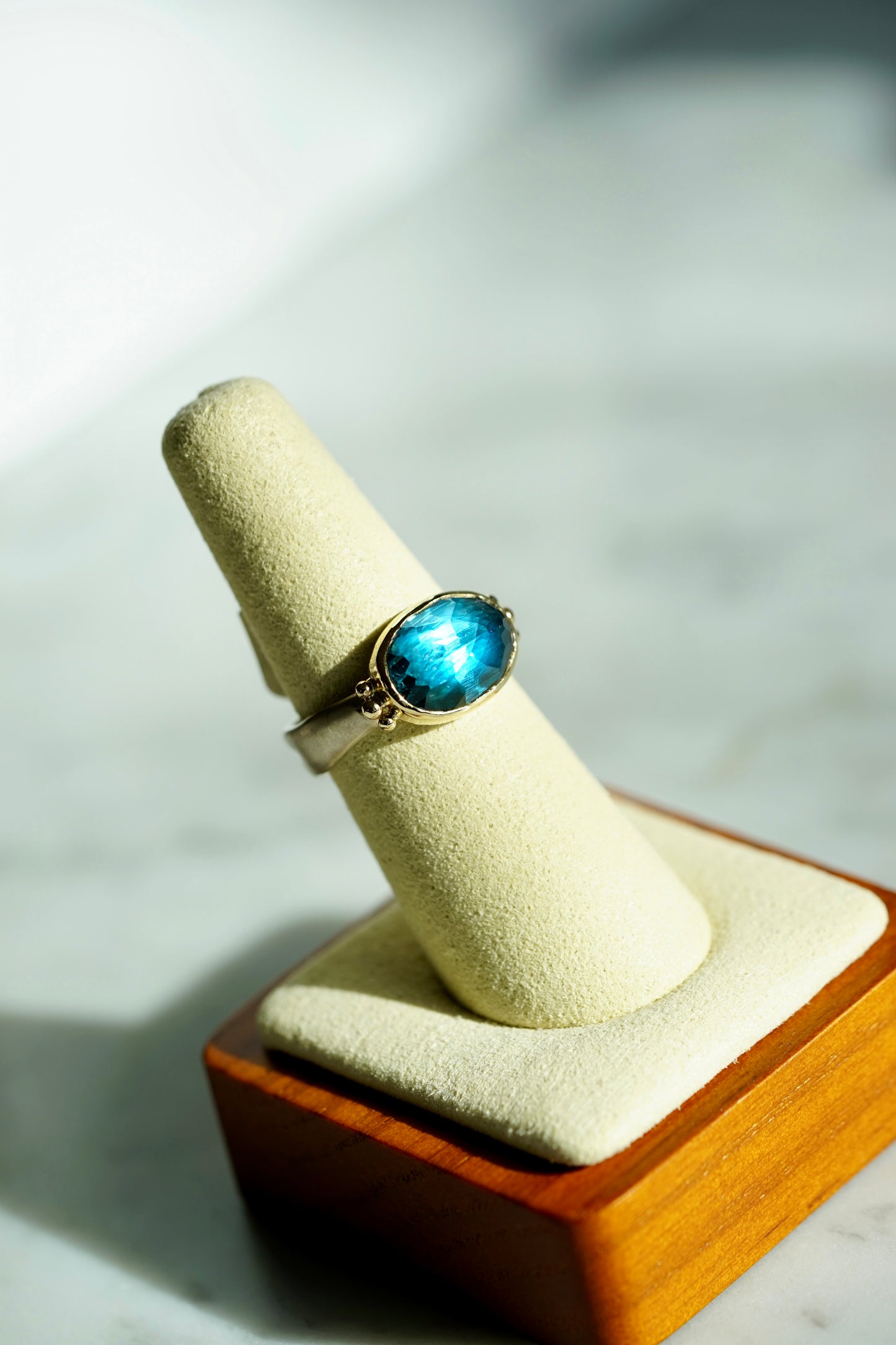 7.8ct London Blue Topaz Ring in 14k bezel and sterling Sea Kelp