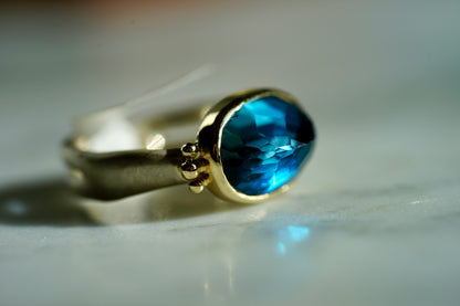 7.8ct London Blue Topaz Ring in 14k bezel and sterling Sea Kelp