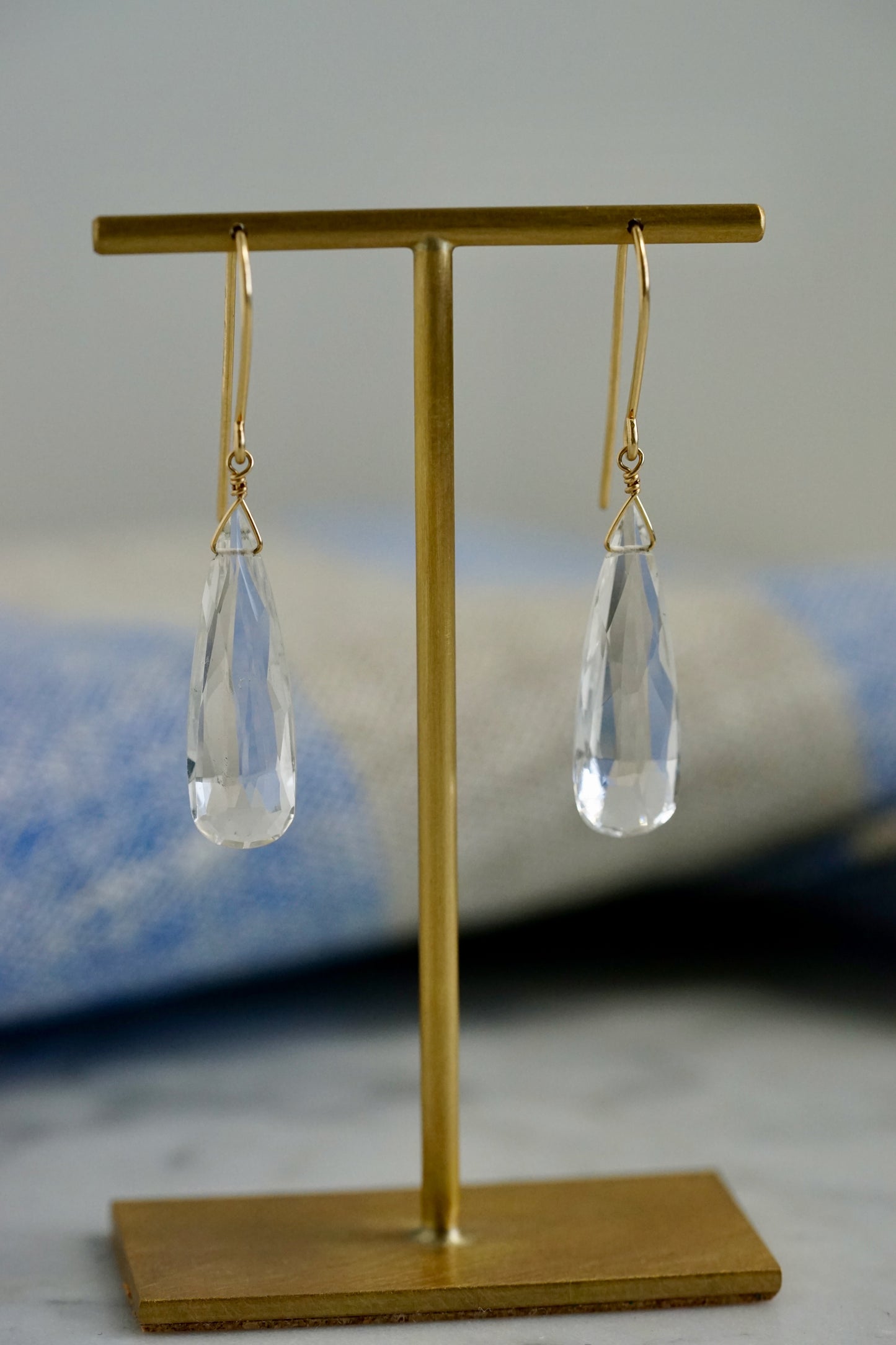 Rock Stella - Clear Quartz medium elongated drops on hammered 14K gold-fill simple wires
