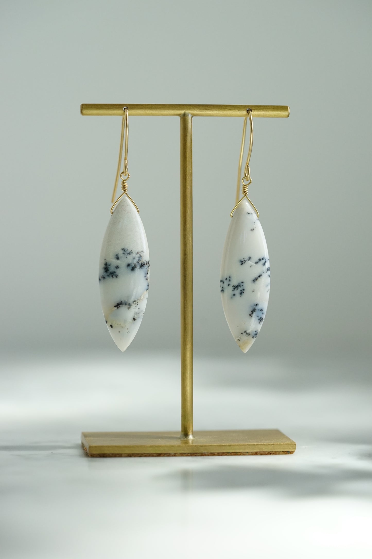 Rock Stella - Dendritic Opal (white) marquise on hammered 14K gold-fill simple wires