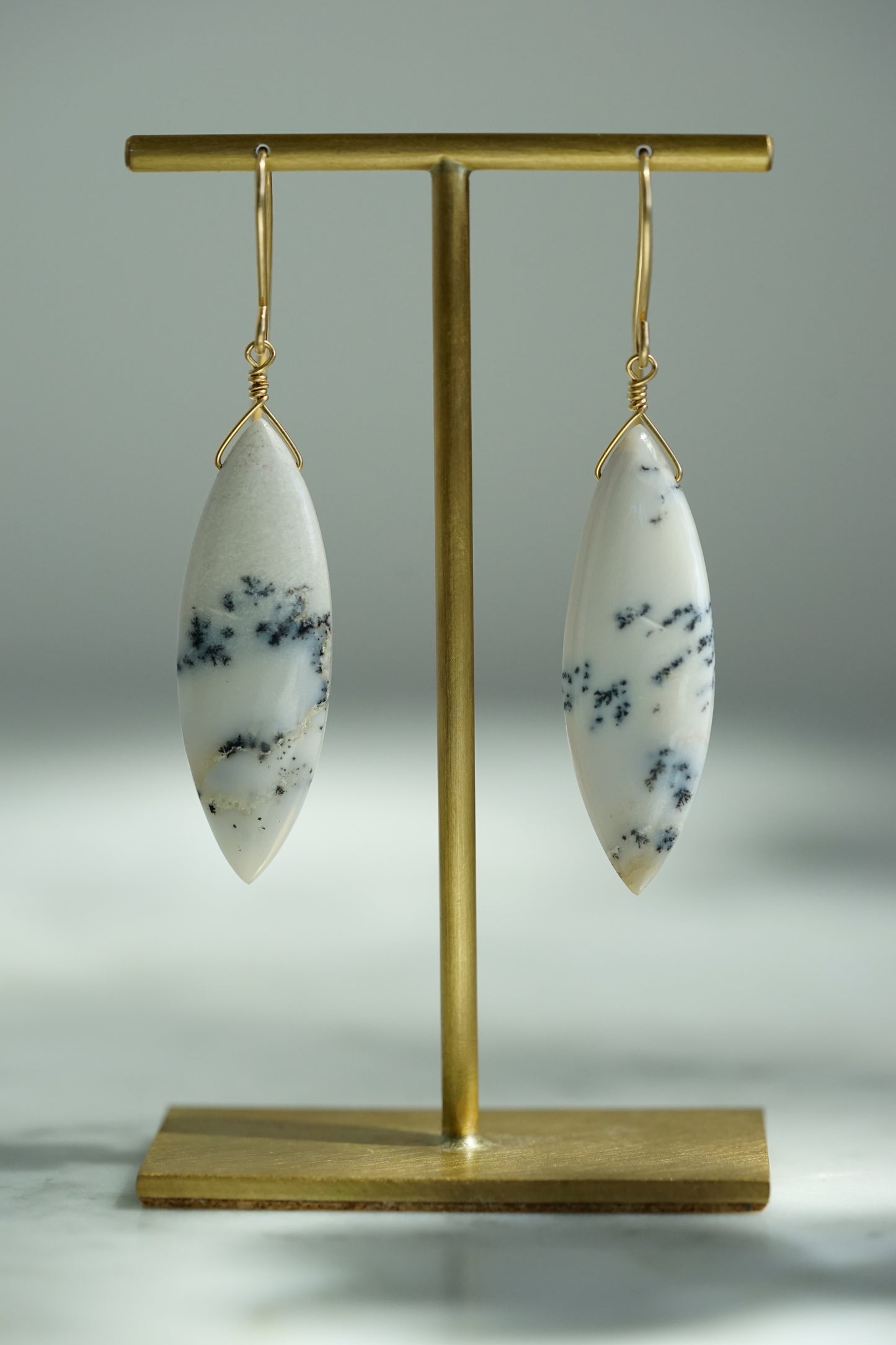 Rock Stella - Dendritic Opal (white) marquise on hammered 14K gold-fill simple wires