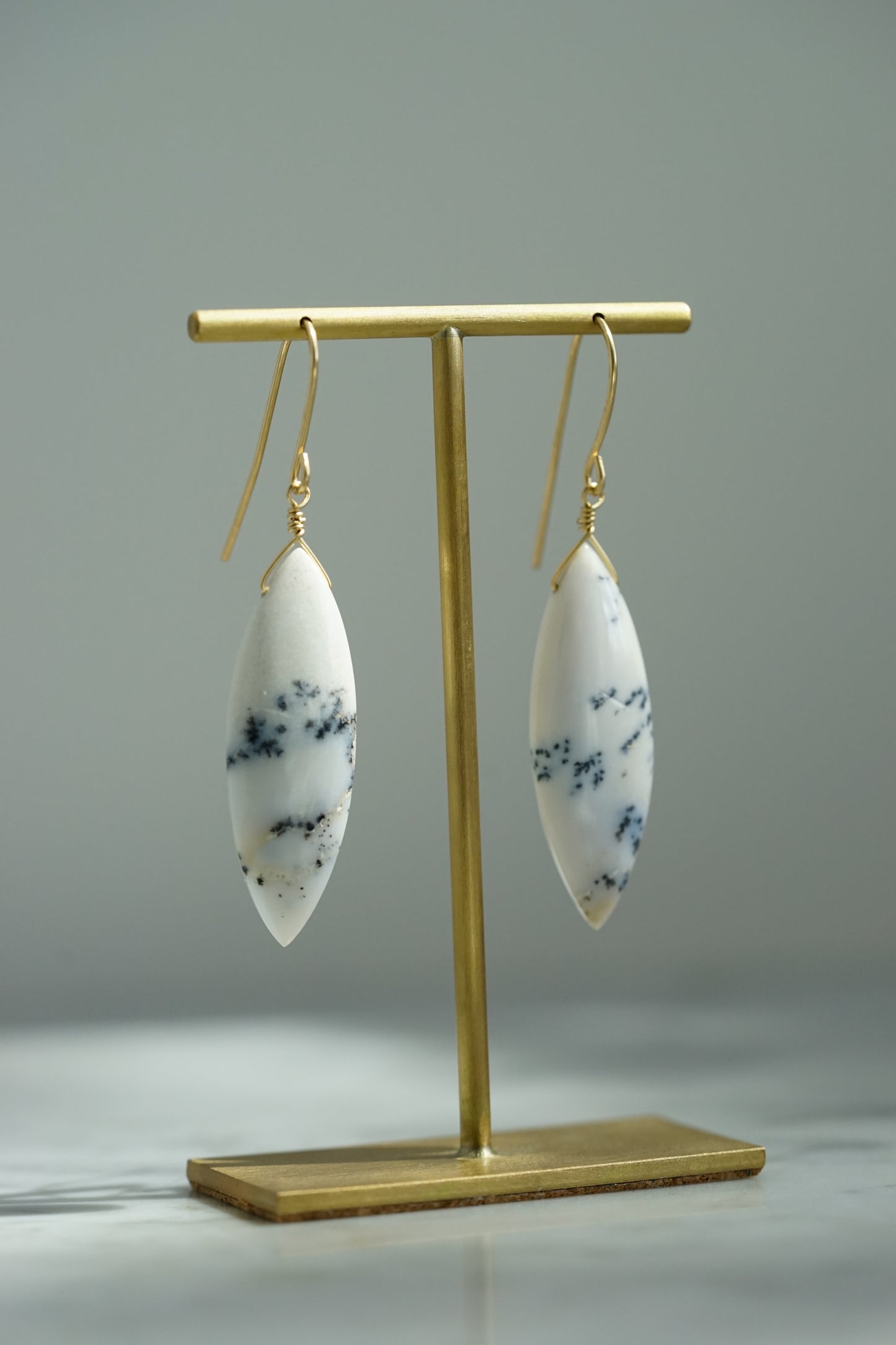 Rock Stella - Dendritic Opal (white) marquise on hammered 14K gold-fill simple wires