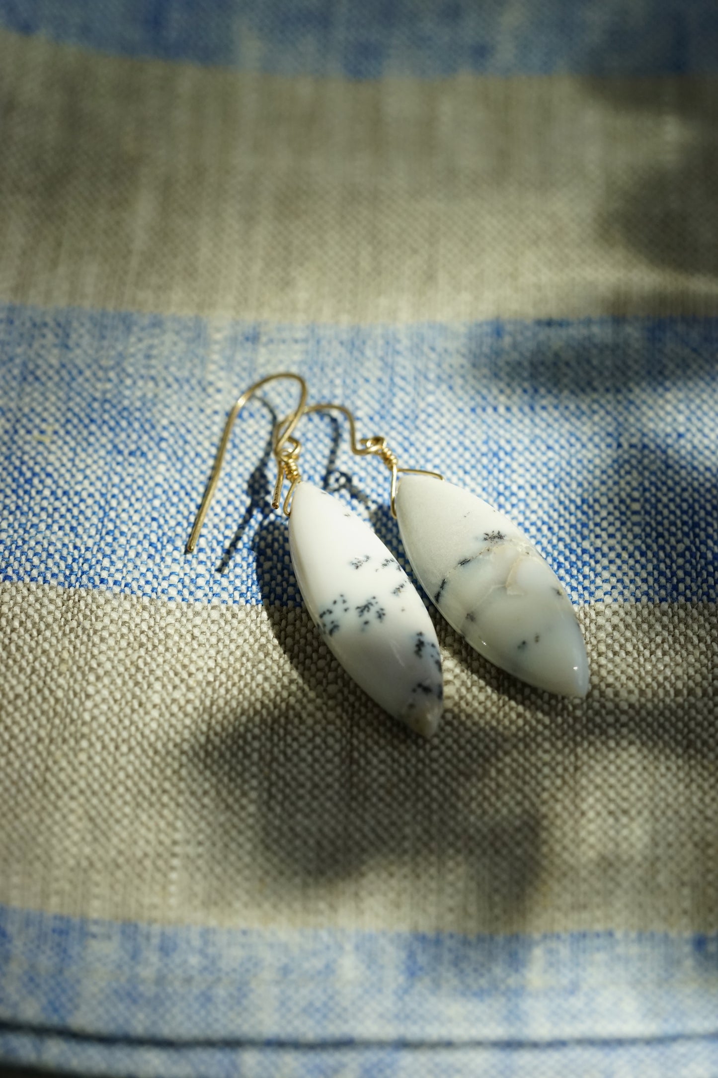 Rock Stella - Dendritic Opal (white) marquise on hammered 14K gold-fill simple wires
