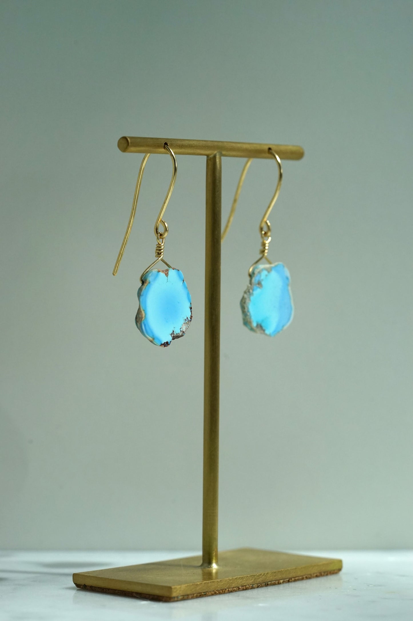 Rock Stella - Kazakhstani sky blue turquoise slabs on hammered 14K gold-fill simple wires