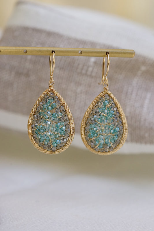 Dana Kellin - Abalone and Blue Crystal Medium Teardrop Mosaic Earring with 14k fill wire