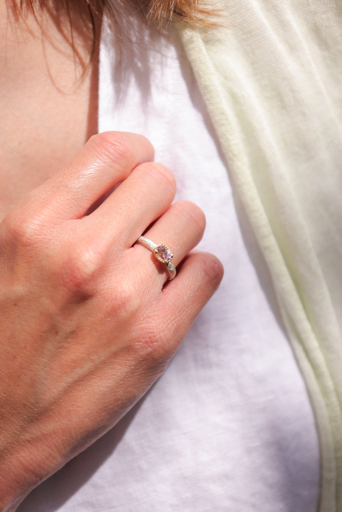 Yasuko Azuma - 0.38 Morganite ring on sterling silver band in 18ky gold bezel - size 6.5