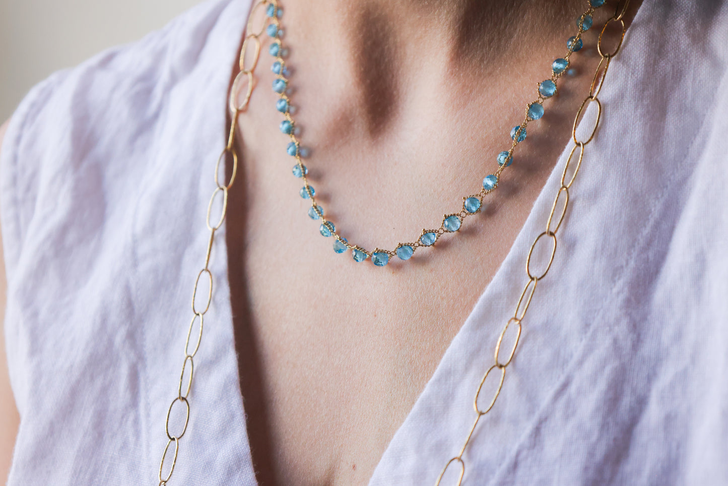 Amali - Woven London Blue Topaz in 18k gold 16-18"