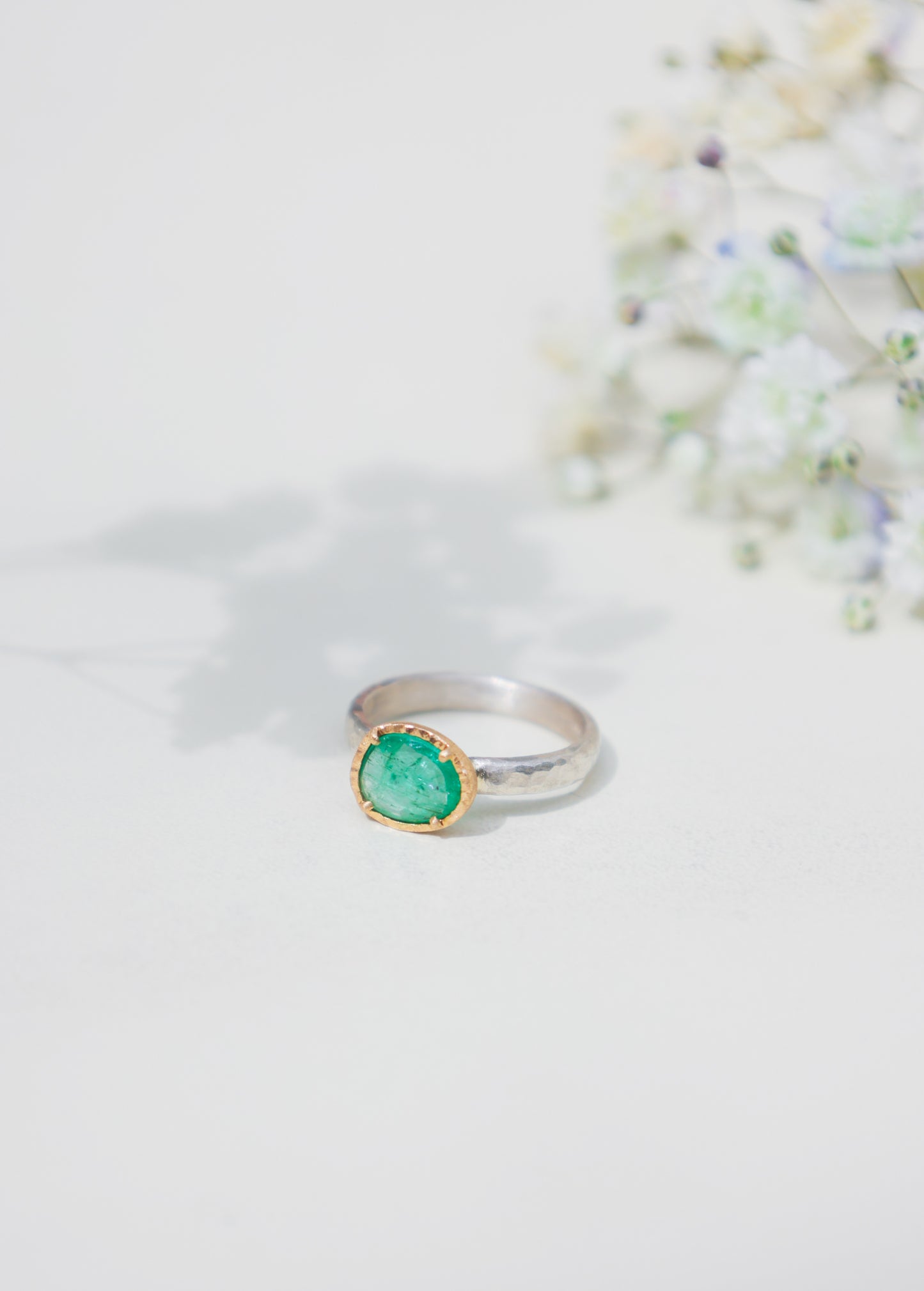 Yasuko Azuma - 0.89ct Emerald ring on sterling silver band in 18ky gold bezel - size 6.5