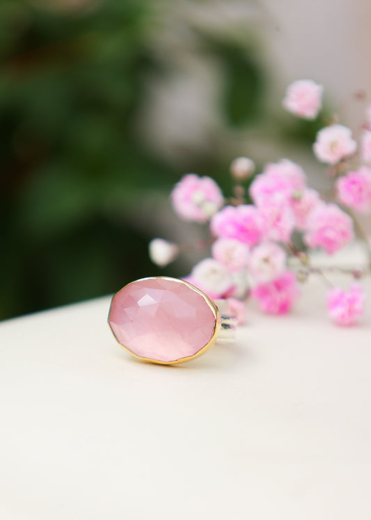Rose Quartz checkerboard ring w/ 14k bezel and sterling band - Size 8