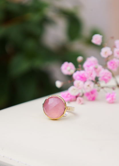 14k / SS Rose quartz Round checkerboard ring