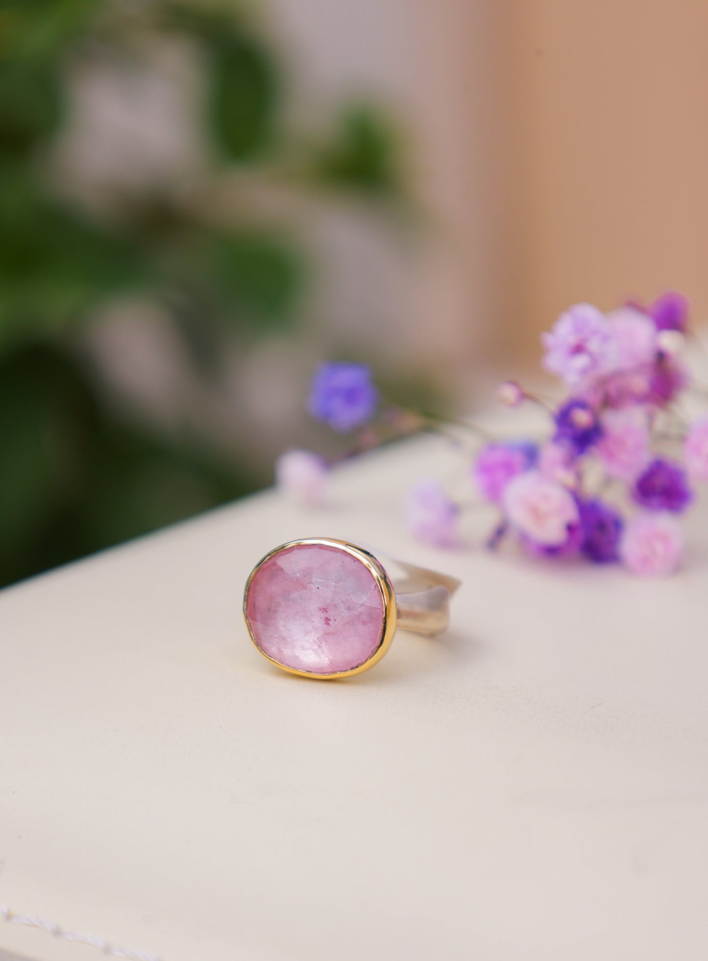 8.55 ct Morganite ring with 14k bezel and sterling sea kelp band - size 7.5
