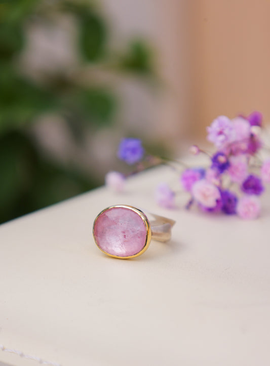8.55 ct Morganite ring with 14k bezel and sterling sea kelp band - size 7.5