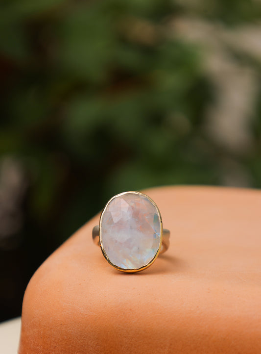 Moonstone Cocktail 14k bezel ring w/ seakelp sterling band