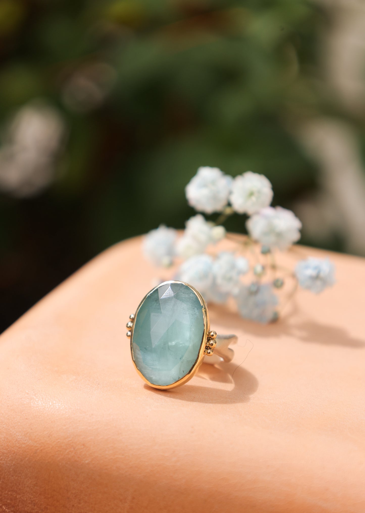 Aquamarine Cocktail Ring with seakelp band - 14k bezel w/sterling band