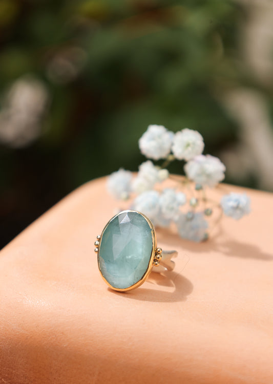 Aquamarine Cocktail Ring with seakelp band - 14k bezel w/sterling band