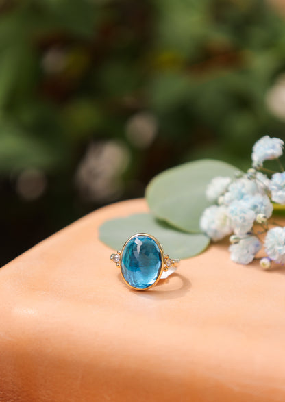 10.45ct London Blue Topaz ring with diamonds in 14k bezel and sterling band - size 7