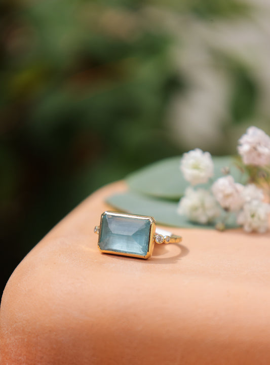Emerald Cut Aqua Ring with 14k textured band and bezel