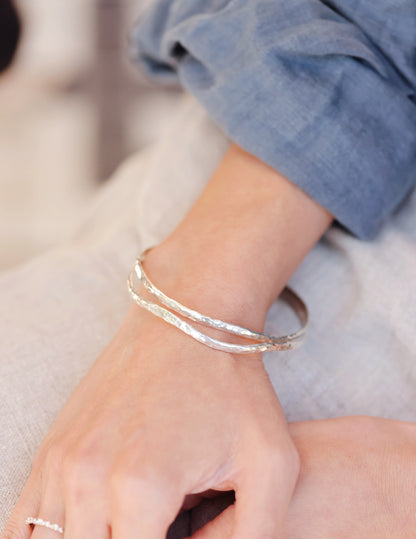 Sterling Silver Hammered Wave Bangle