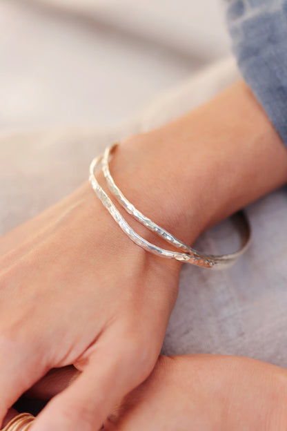 Sterling Silver Hammered Wave Bangle