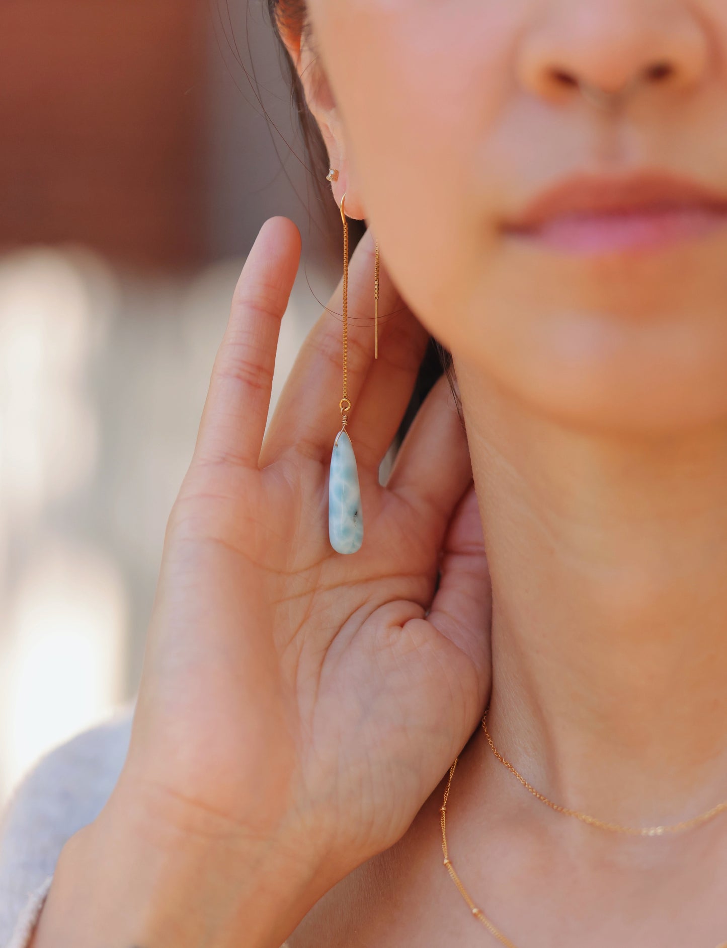 Rock Stella - Larimar drops on long pull through gold-fill ear wires
