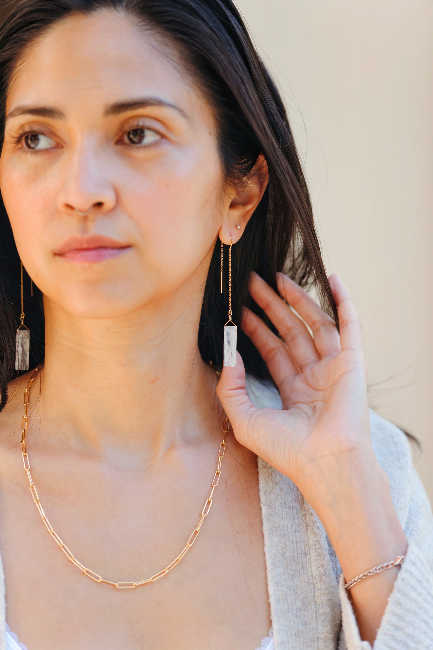 Rock Stella - Rainbow Moonstone rectangular drops on long pull through gold-fill ear wires