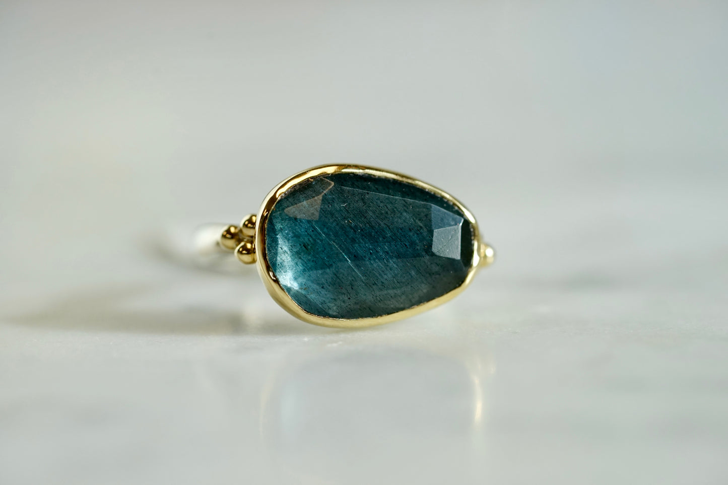 4.75ct Moss Aquamarine Ring in 14k bezel and sterling seagrass band with beads - size 7.5