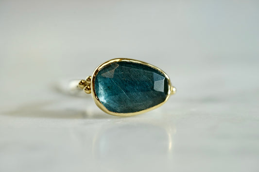 4.75ct Moss Aquamarine Ring in 14k bezel and sterling seagrass band with beads - size 7.5