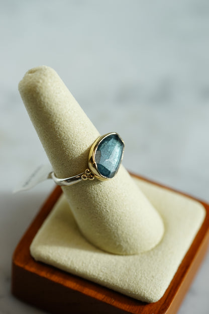 4.75ct Moss Aquamarine Ring in 14k bezel and sterling seagrass band with beads - size 7.5