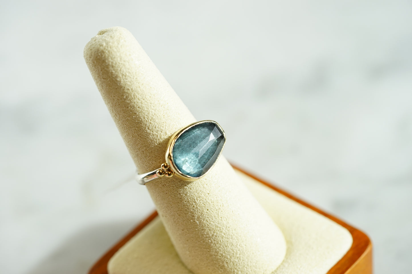 4.75ct Moss Aquamarine Ring in 14k bezel and sterling seagrass band with beads - size 7.5