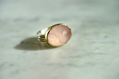 Rose Quartz checkerboard ring w/ 14k bezel and sterling band - Size 8