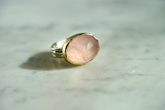 Rose Quartz checkerboard ring w/ 14k bezel and sterling band - Size 8