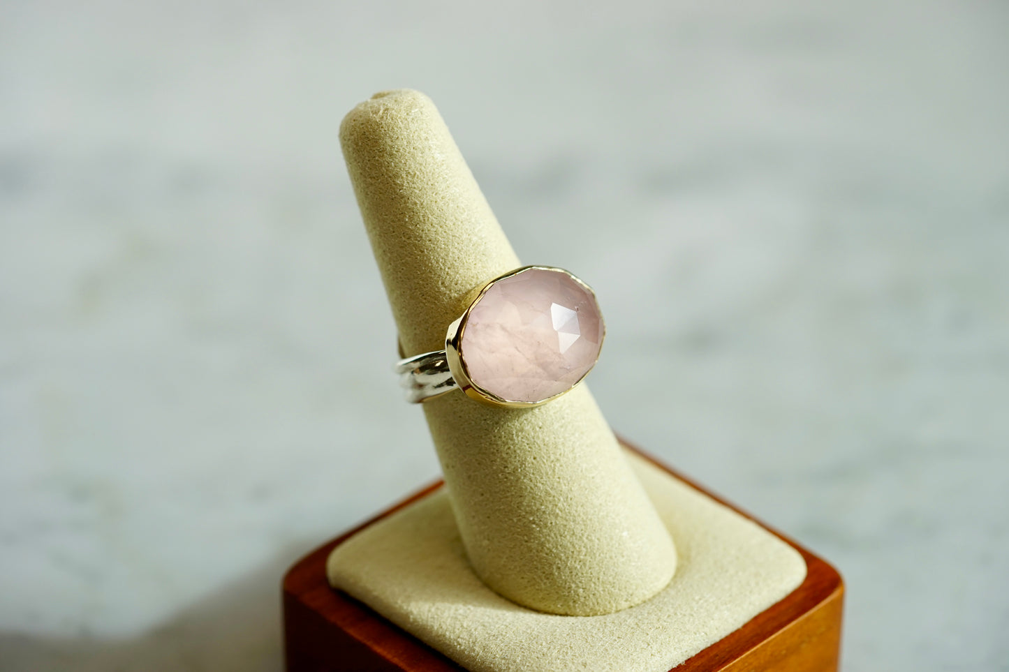 Rose Quartz checkerboard ring w/ 14k bezel and sterling band - Size 8