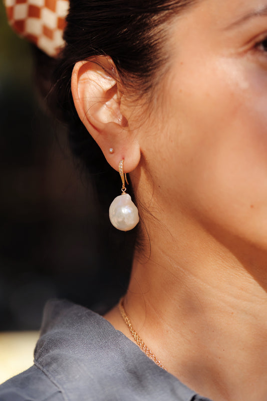 Rock Stella - Freshwater Cultured Pearl Earrings on 18k gold vermeil earrwires with CZ inlay