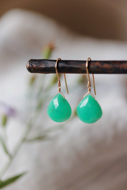 Rock Stella - Chrysoprase small drops on hammered gold-fill simple wires