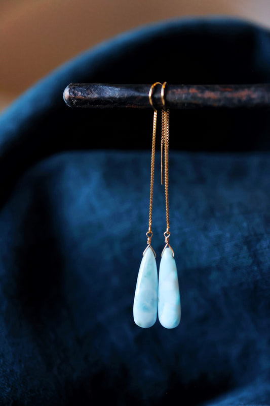 Rock Stella - Larimar drops on long pull through gold-fill ear wires