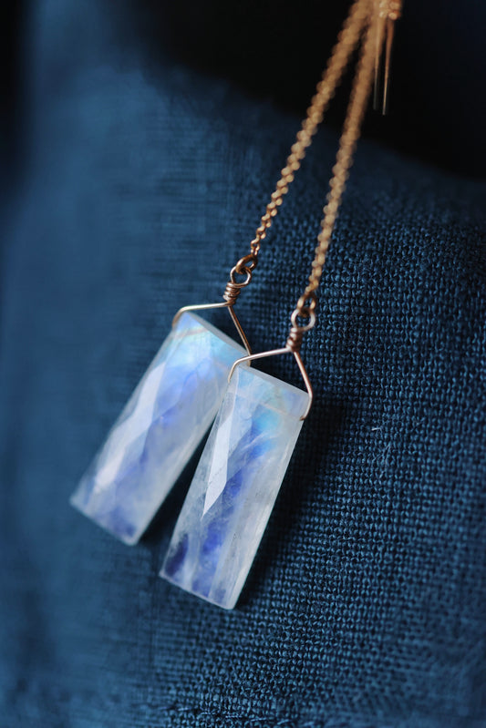Rock Stella - Rainbow Moonstone rectangular drops on long pull through gold-fill ear wires