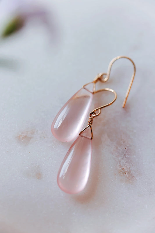 Rose Quartz drops on hammered gold-fill simple wires