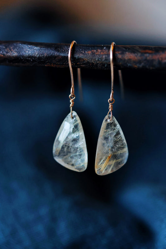 Rock Stella - Rutilated Quartz slab drops on hammered gold-fill simple wires