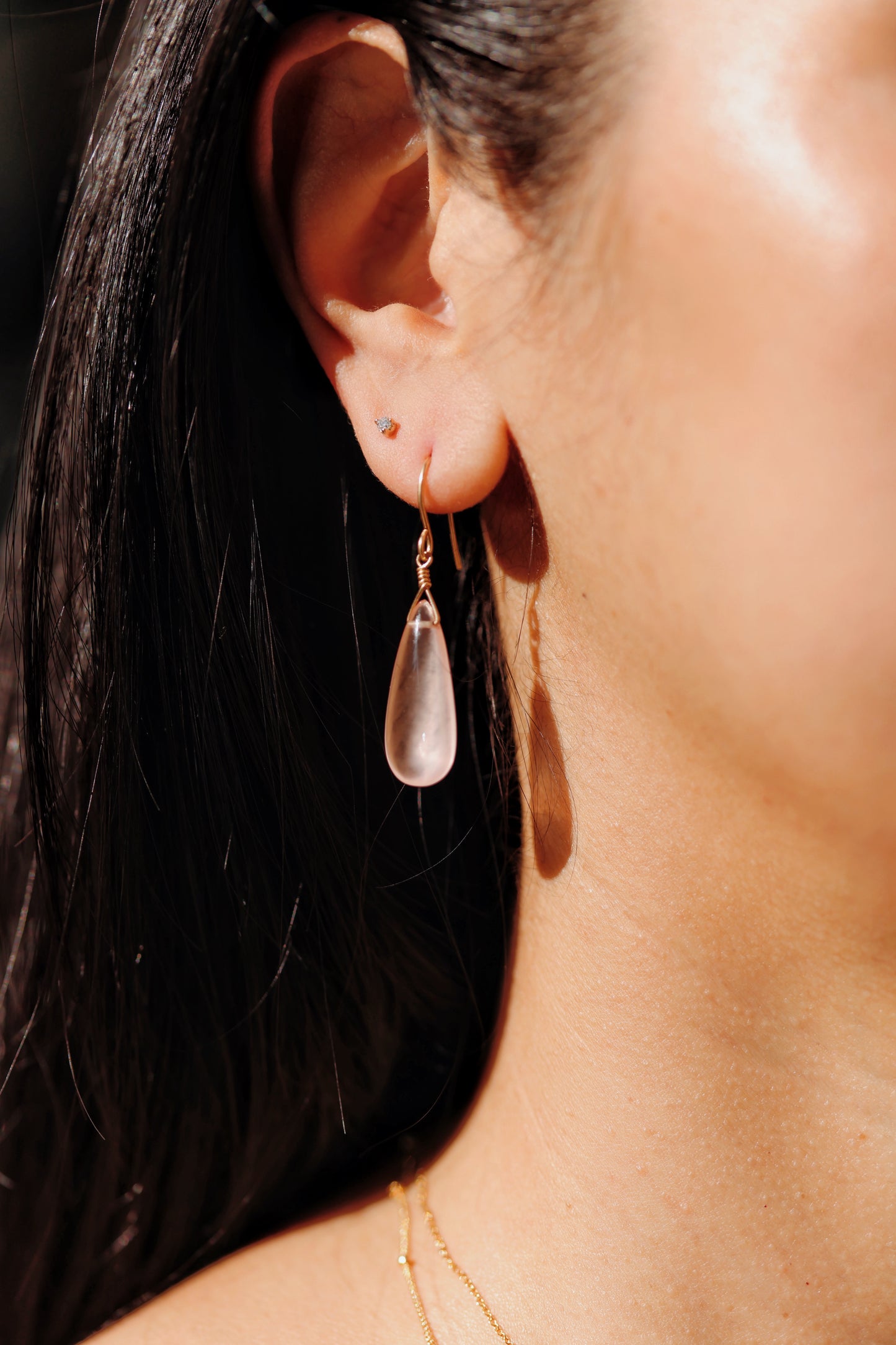 Rose Quartz drops on hammered gold-fill simple wires