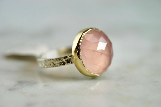 14k / SS Rose quartz Round checkerboard ring