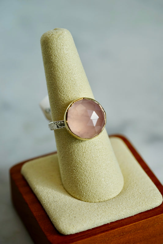 14k / SS Rose quartz Round checkerboard ring