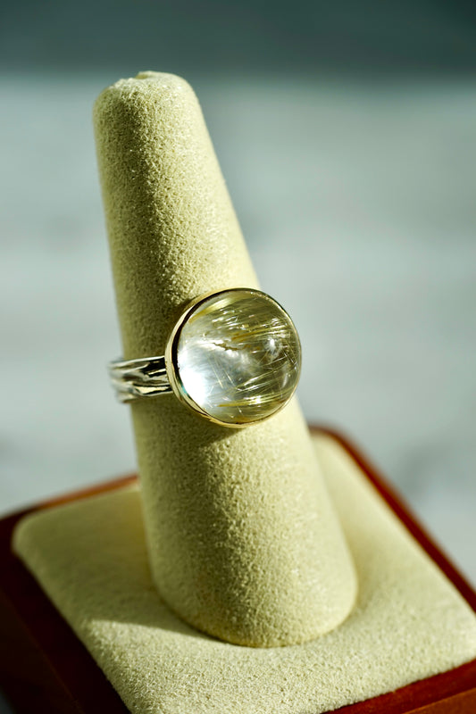 14KSS Rutliated Quartz Rowan ring with gold bezel and sterling band