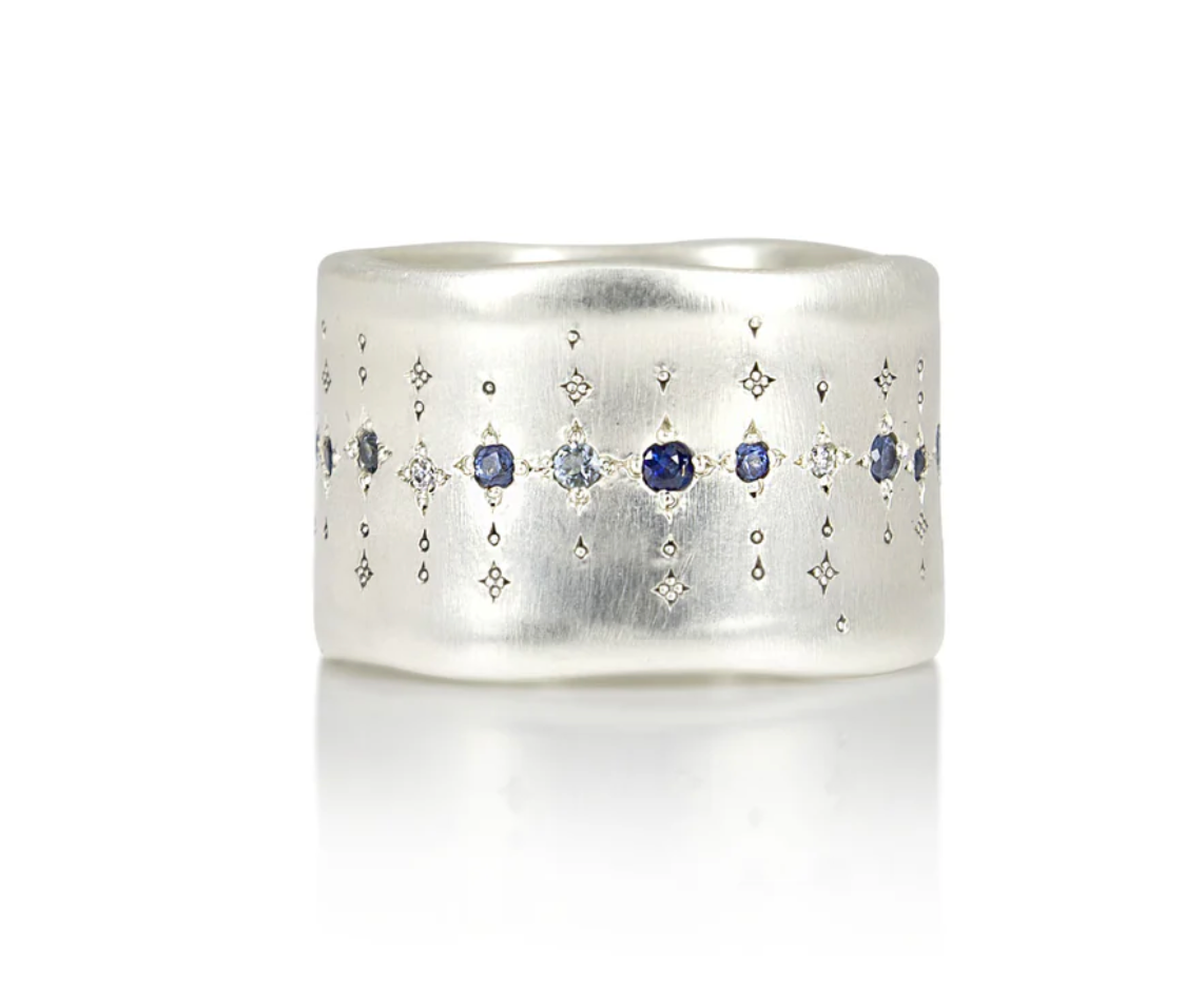 Adel Chefridi - Wide Silver Band with single stone line patter in sapphire, aquamarine, and diamond