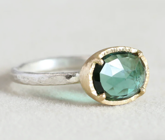 Yasuko Azuma - 1.55ct blue green tourmaline on ss hammered band - size 6.5