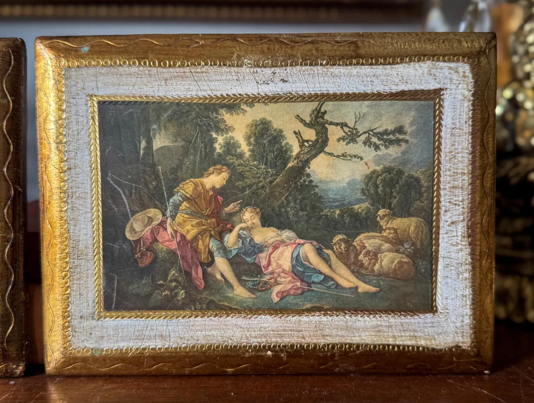 Vintage Italian Gilt Wood Framed Rococo Prints: Pastoral Scene 1/Scene 2