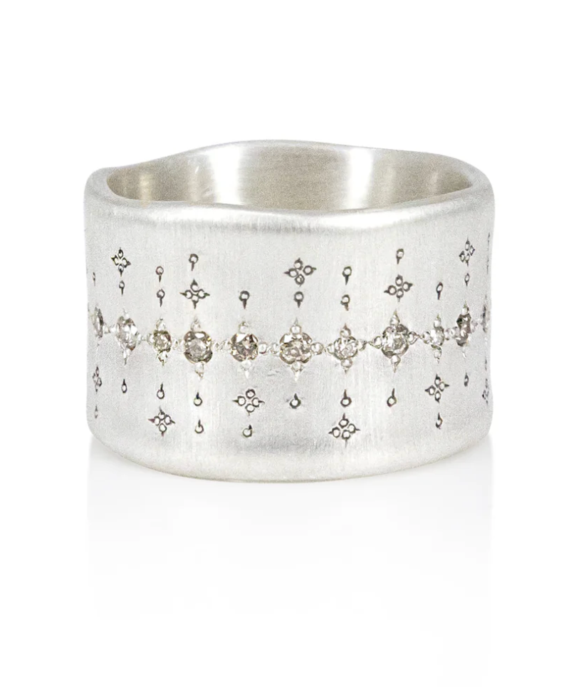 Adel Chefridi - Single organic wide sterling band with Champagne Diamonds