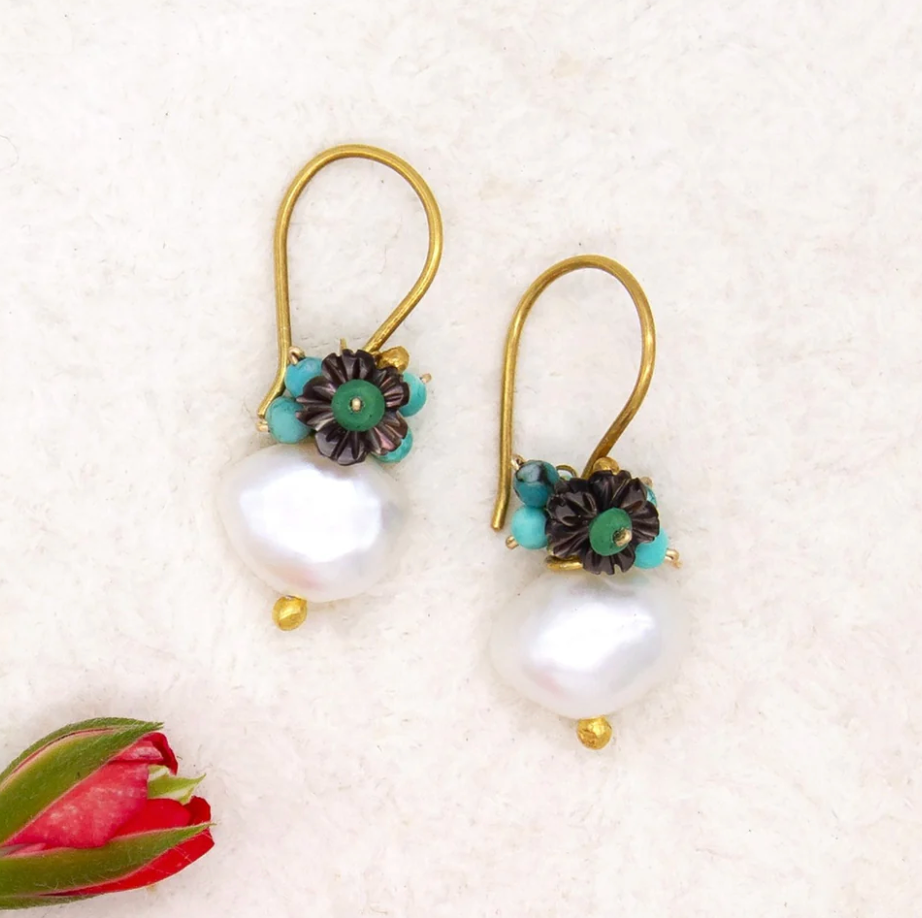 River Song - Cultured Pearl with Flower Earrings